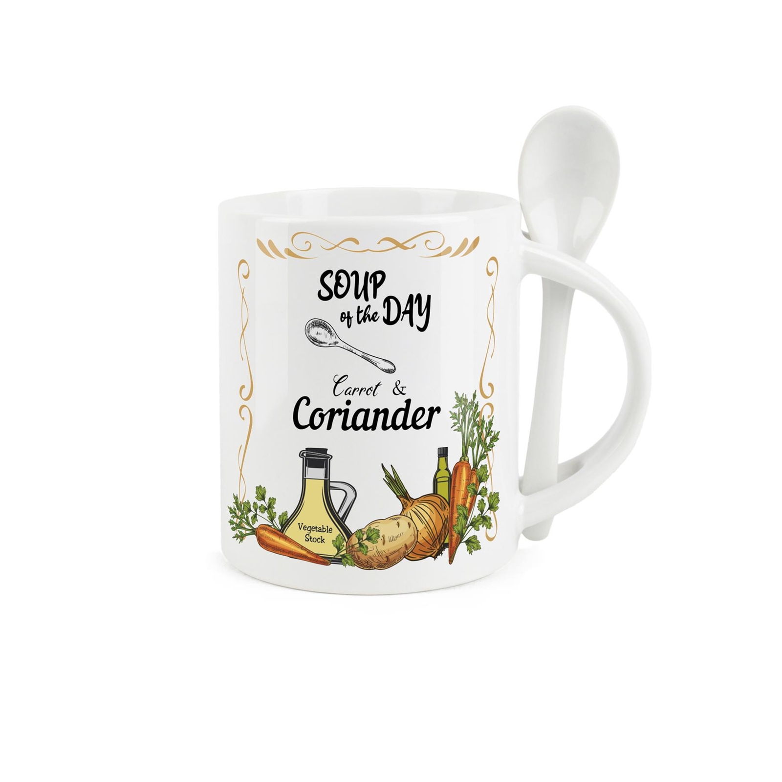 Soup Mug & Spoon Set - Carrot & Coriander Novelty Ceramic Mug Gift for Foodies