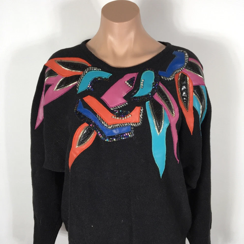 Suéter Grande Victoria Harbour De Colección Cuero Sintético Lentejuelas Cuello Detalle Años 80 Foto 2 de 4