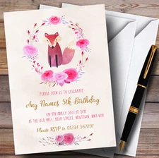 Pink Watercolour Fox Girls Childrens Birthday Party Invitations