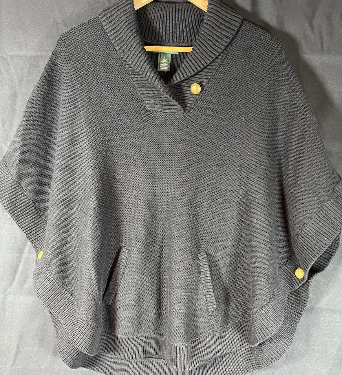 Lauren Ralph Lauren Soft Cotton Knit Cape Poncho Black Pocket Shawl Collar L~NWT