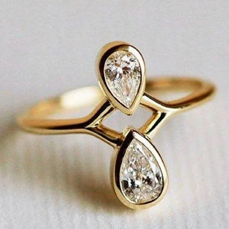 2Ct Pear Cut Moissanite Engagement Two Stone Ring Band Yellow Gold plated