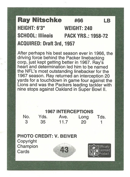 Ray Nitschke 1991 Super Bowl II 25th Anniversary Green Bay Packers #43 Illinois - Image 2 of 2