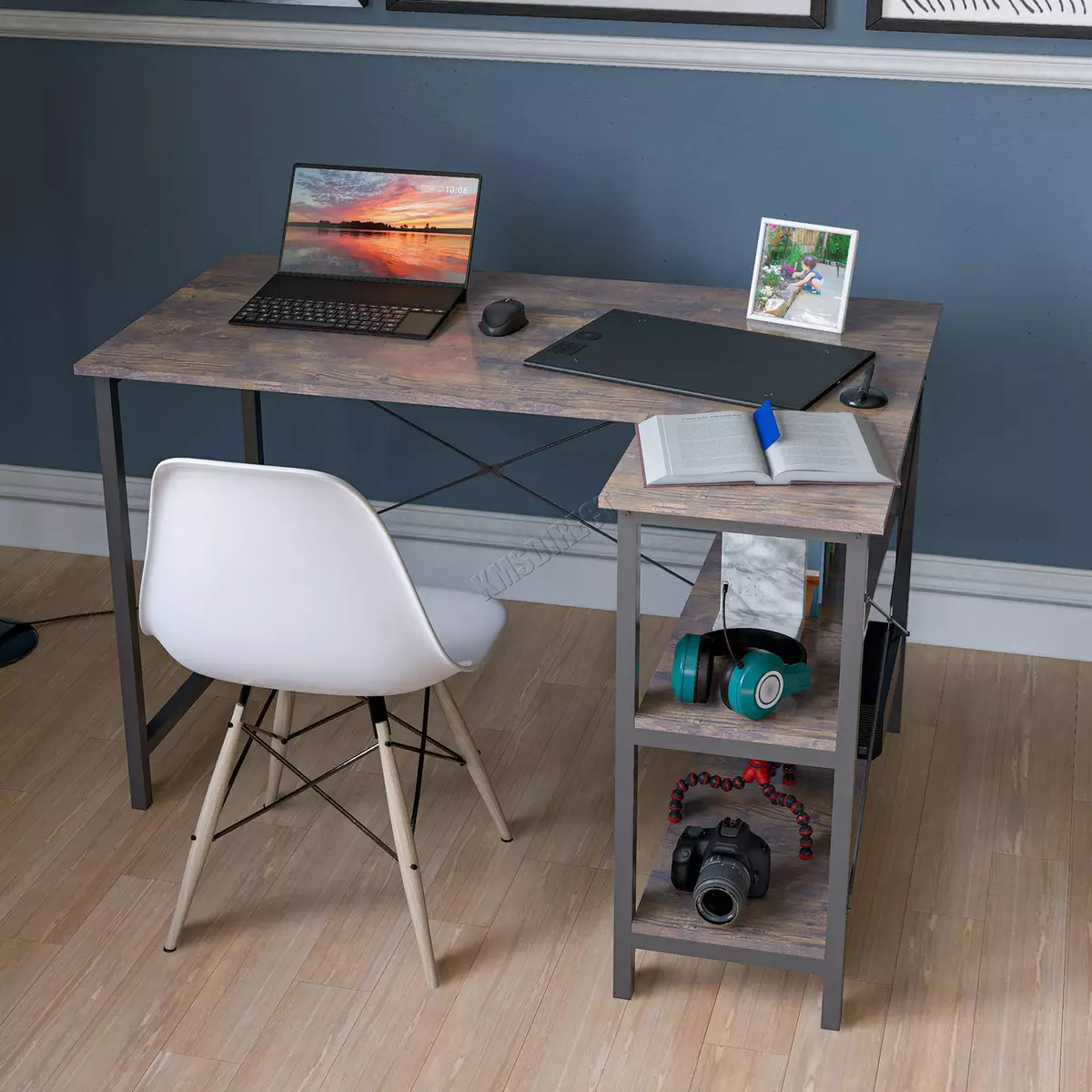 Office L shaped Corner Laptop Pc Computer Desk 3 tier Shelf Wood Surface Brown
