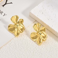 Formal Versatile Gift-Ready Smooth French Golden Flower Stainless Steel Earrings