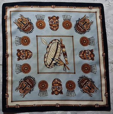 SCARF VINTAGE AUTHENTIC NATIVE AFRICAN MASK BLUE BROWN SILK 20'' SQUARE SMALL
