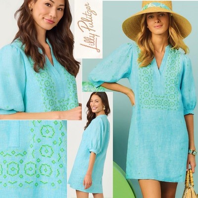 NWT Lilly Pulitzer Mialeigh Elbow Slv Linen Dress 14,16 Capri Blue X Resort Wht