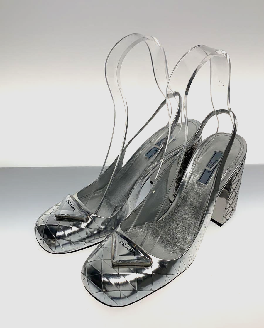 PRADA Silver Slingback Logo Pumps Women's Shoes 22SS Size US 10