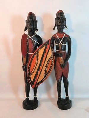 Pair Vintage African Tribal Wood Carved Man Warrior Figurine Beads Maasai 12.5''