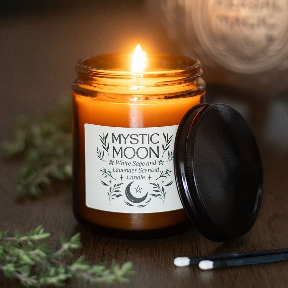 Mystic Moon Green Witch Amber Glass Jar  Sage & Lavender Scented Ritual Candle