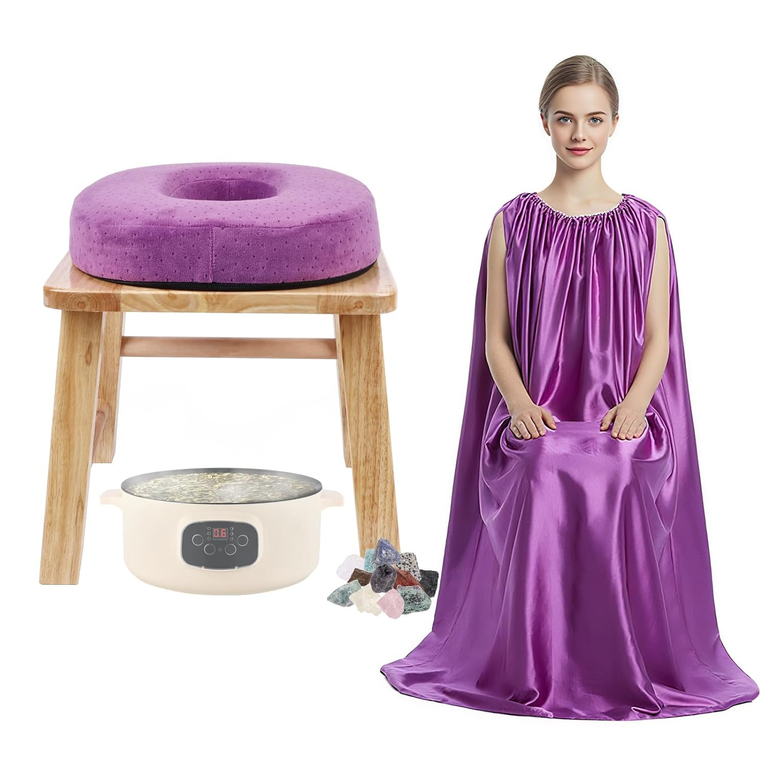 Yoni Steamer for Women, Wooden V Steam at Home Kit with Gown, Cushion and Healin