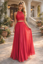 Red 2 Piece Prom Dress Size 10 Lace Top Chiffon Skirt Pink Watermelon Gown Sz 10