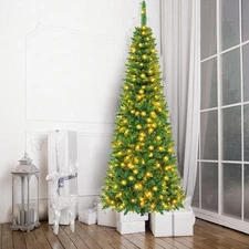 4ft 5ft 6ft 7ft Slim Pencil Christmas Tree with Fairy String Lights Xmas Tree