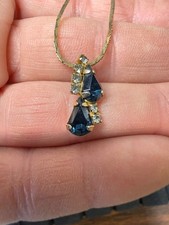 Vintage Park Lane Necklace Gold Tone Blue Rhinestone Pendant 18in