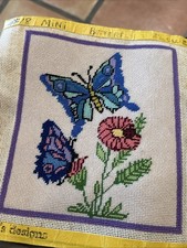Blue Butterfly Needlepoint Canvas Completed Boho Vtg Approx 6 X 7
