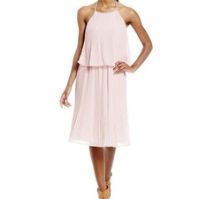 Halston Heritage Pleated Blouson Layered HalterNeck Backless Midi Party Dress 6