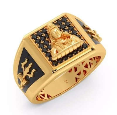 925 Sterling Silver 24K Gold Plated Lord Shiva Ring Black Stone Signet