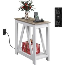 Farmhouse End Table Narrow Side Table with Charging Station Slim Nightstand for