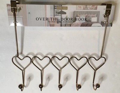 Hunter-Olivia GOLD METAL HEART SHAPED HOOKS 5 OVER THE DOOR COAT-TOWEL RACK NWT