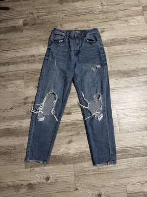 Wild Fable High Rise Mom Jeans Regular Fit Blue Denim Distressed Button Zip