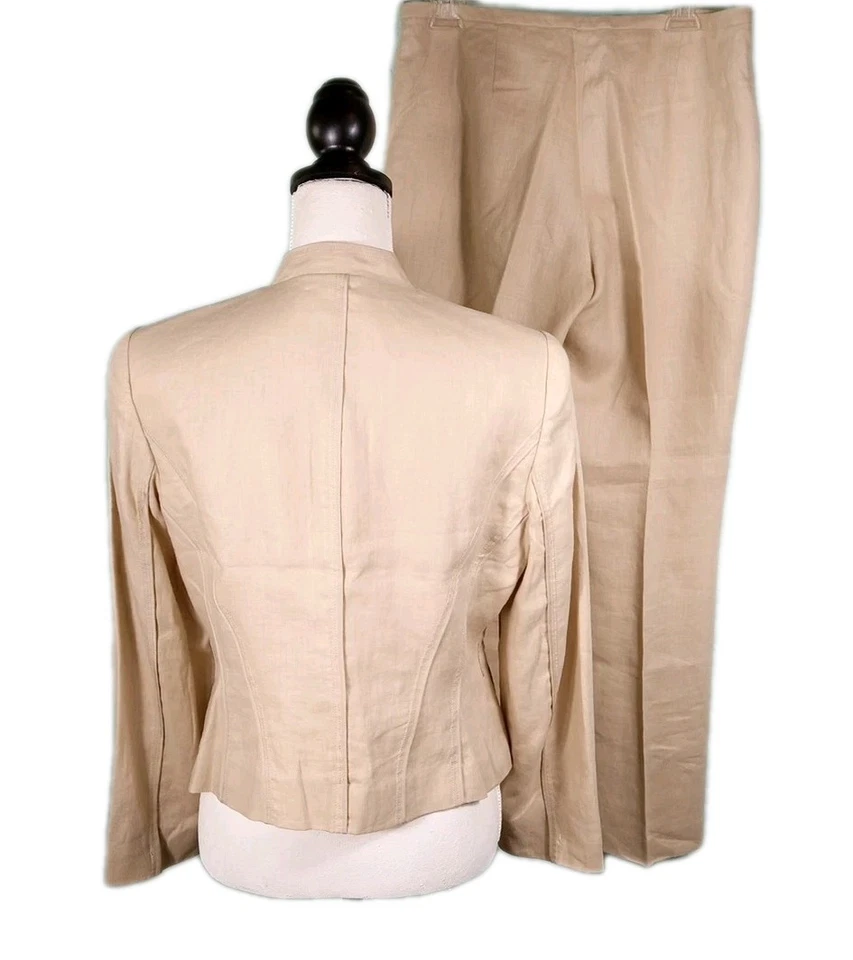 Calvin Klein 女式亚麻西装两件式裤子 10 夹克 8 棉丝绸衬里复古 — 第 2/4 张图片