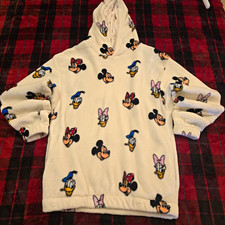 Disney White Fleece Hoodie Allover Mickey Minnie Donald Daisy Print, Adult M