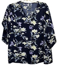 Jouica Navy Floral Split Sleeve V Neck Top Size 2X Lightweight Boho Summer Chic