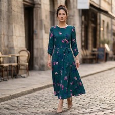 Eliza J Floral Print Midi Dress Green Pink Blue Tie Waist Long Sleeve Size 8