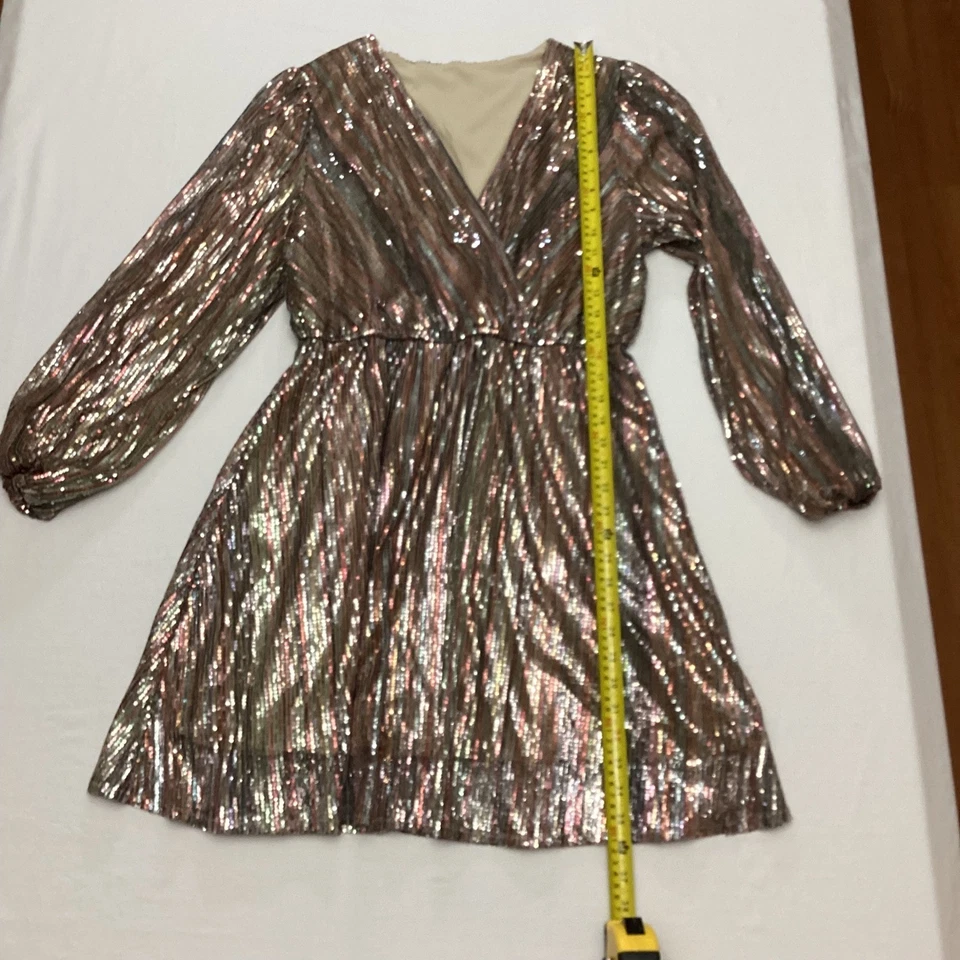 Mini Vestido Para Mujer Manga Larga Cuello en V Envolvente Lentejuelas Brillantes L Foto 3 de 4