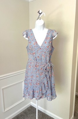 ANTHROPOLOGIE Dee Elly Wrap Dress Blue Floral Chiffon Ruffle Women s Medium