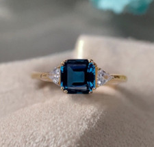 14k Yellow Gold Plated Asscher Cut Blue Topaz Gem Prong Set Engagement Ring