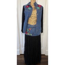 Vintage Collection Embroidered Denim 2pc Set Jacket Skirt Rhinestone Size M EUC