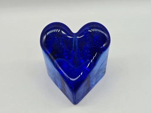 Fire and Light Cobalt Blue Heart Paperweight Signed Recycled Glass
