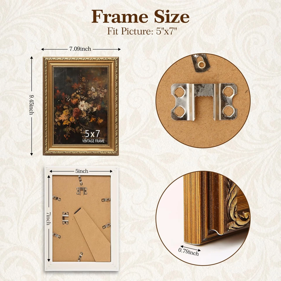 5x7 Vintage Gold Picture Frame, Ornate Antique Photo Frame 5 x 7 with HD Glas... - Image 2 of 4