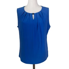 Kasper Women's Large Shell Top Blue Sleeveless Pleated Keyhole Neck Stretch