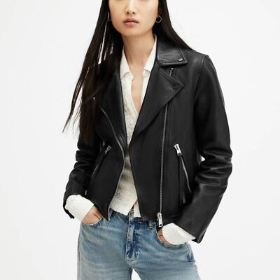 All Saints Dalby Slim fit Leather Jacket Biker Motorcycle Moto Sz