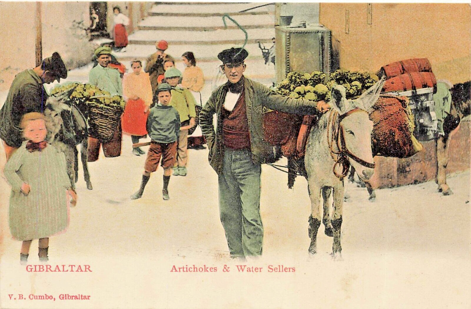 Gibraltar~Alcachofas Y Vendedores De Agua~Foto Postal Tinte Cumbo V De 1900