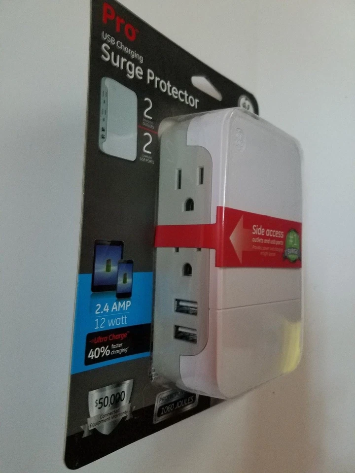 GE Pro 2 Outlet + 2 USB Side Access Surge Protector, 2.4 Amp, White, Model 37090 - Image 3 of 3