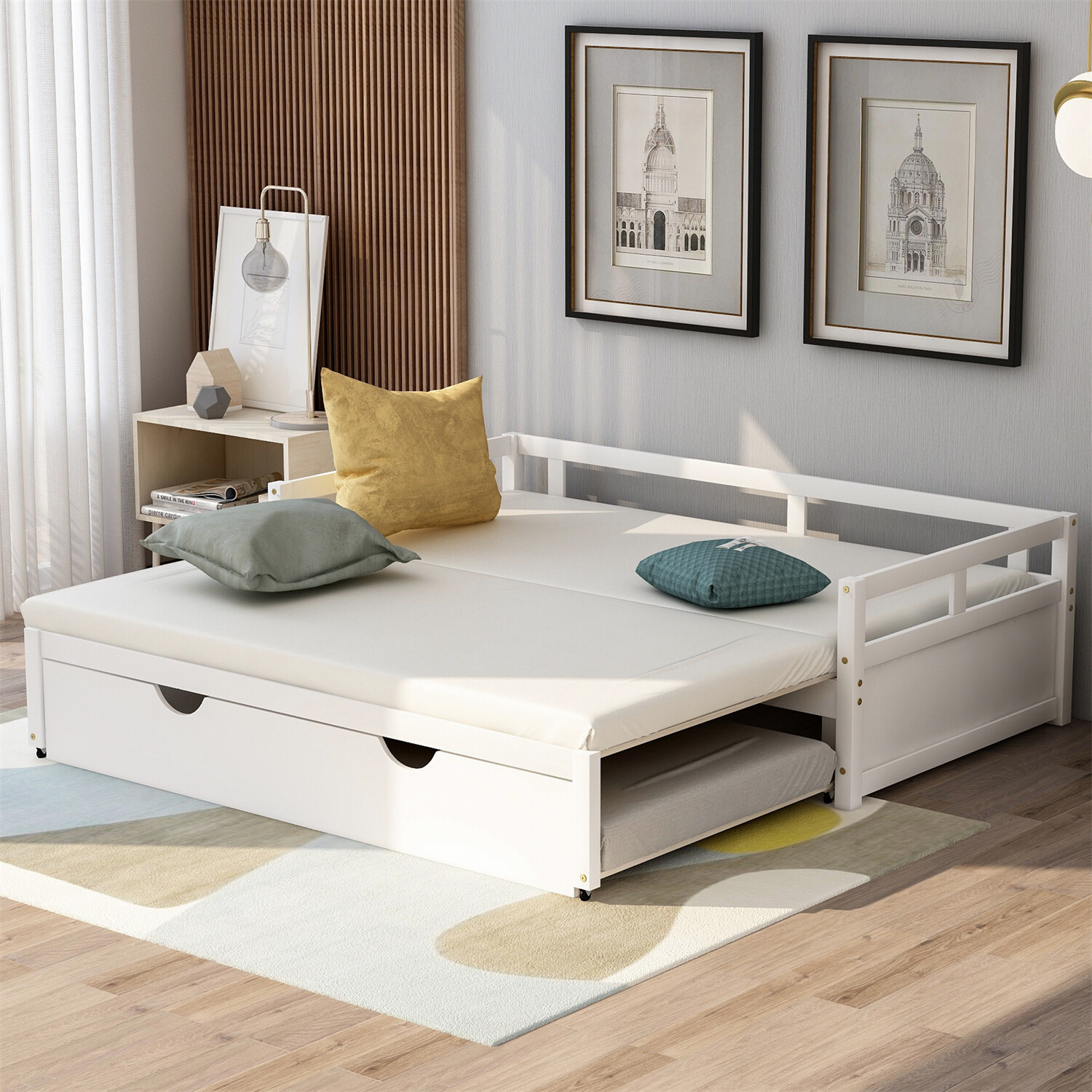 Twin Wood Daybed Frame with Trundle in White Gray or Espresso