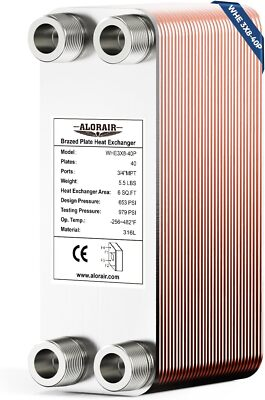 #ad ALORAIR 40 Plate 3quot;x8quot; Brazed Plate Heat Exchanger 3 4quot; MPT Ports316L St.Steel $69.99