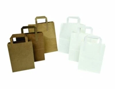BROWN & WHITE KRAFT PAPER SOS FOOD CARRIER BAGS WITH HANDLES PARTY TAKEAWAY ETC
