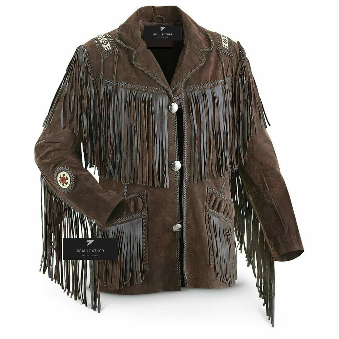 Mens Traditional Western Cowboy Leather Jacket coat with fringe