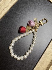 Rose Flowers Bag Charm Keychain Key Ring Car Charm Red Pink Faux Pearl Strap
