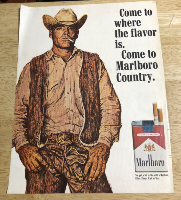 1970 MARLBORO CIGARETTES Western Cowboy Drawing - Vintage Magazine Print Ad 