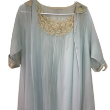 Vintage Women's Silky Lace Floral Embroidery Long Robe Nightgown Set Light Blue