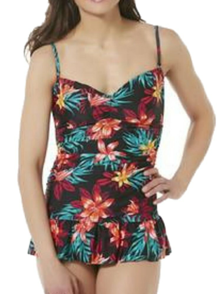Tropical Escape Womens Black Floral Hawaiian Print 1 Piece Swim Suit Size 8