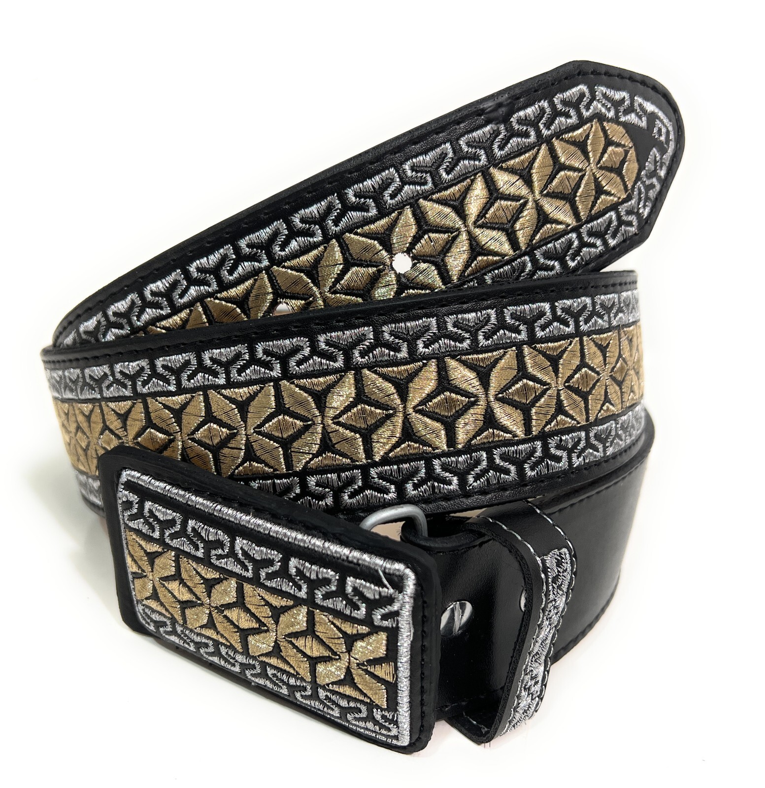 CINTURÓN WESTERN CINTO CHARRO BORDADO, CINTO VAQUERO COLOR PLATA CON ORO BORDADO