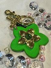 Green Flower Charm Key Chain Keyring, Gold Tone Metal, Rhinestone Accent, Women