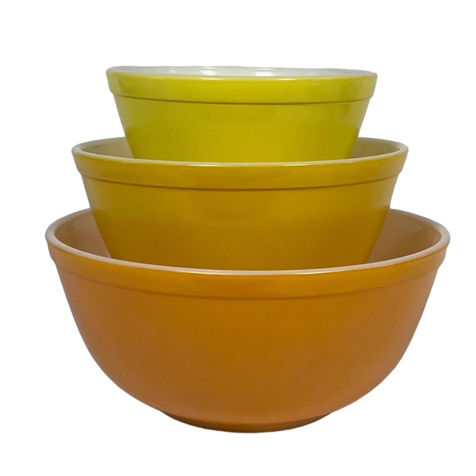 Pyrex Citrus Yellow Daisy Orange Vintage Glass Nesting Mixing Bowls RARE - Image 3 of 4