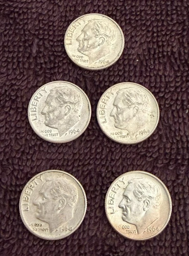 ROOSEVELT DIMES 1964-D - set of 5 coins - AU(About Uncirculated) with 90% Silver