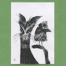 ACEO art card original pen and ink drawing pop surreal Ink Cat 37 Tim Olly